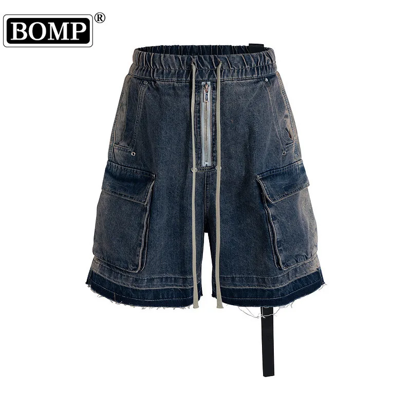 High Street Trendy Style Multi Pocket Washed Drawstring Ribbon Denim Shorts