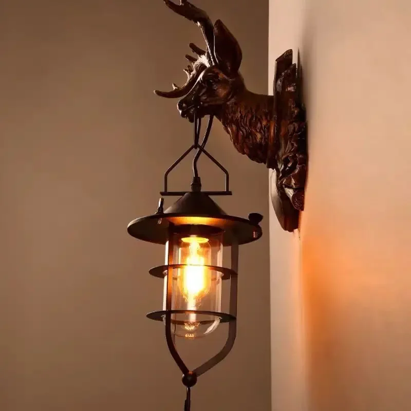 Creative Deer Head Indoor Cafe Stairs American Rustic Retro Iron Industrial Style Bedroom Corridor Antlers Wall Lamp