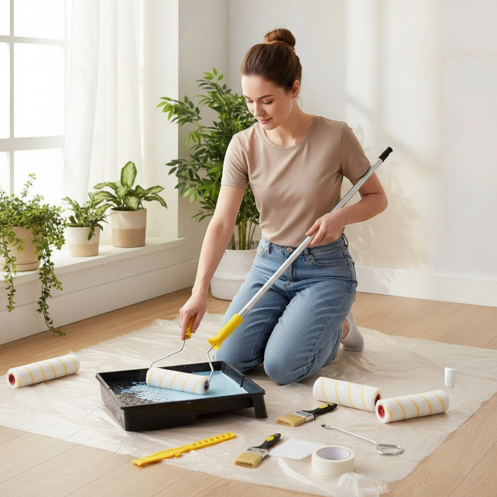 Paint Roller Kit with Tray Multi-Piece Paint Roller Kit with Tray and Extension Pole Adjustable Lightweight for DIYers view 5