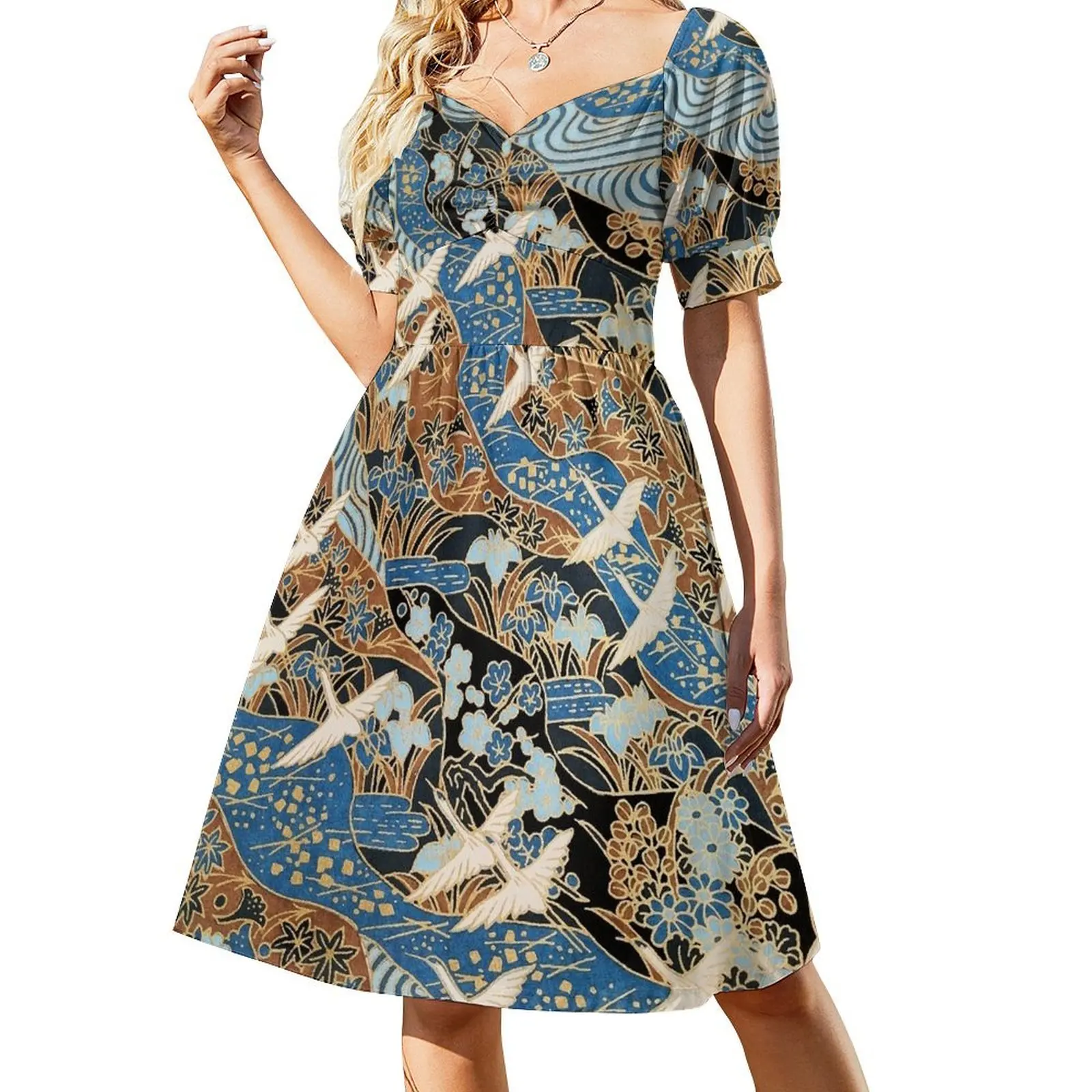 

FLYING WHITE CRANES ON BLUE WATER AND SPRING FLOWERS Antique Japanese Floral Short-Sleeved Dress Bridesmaid dress woman