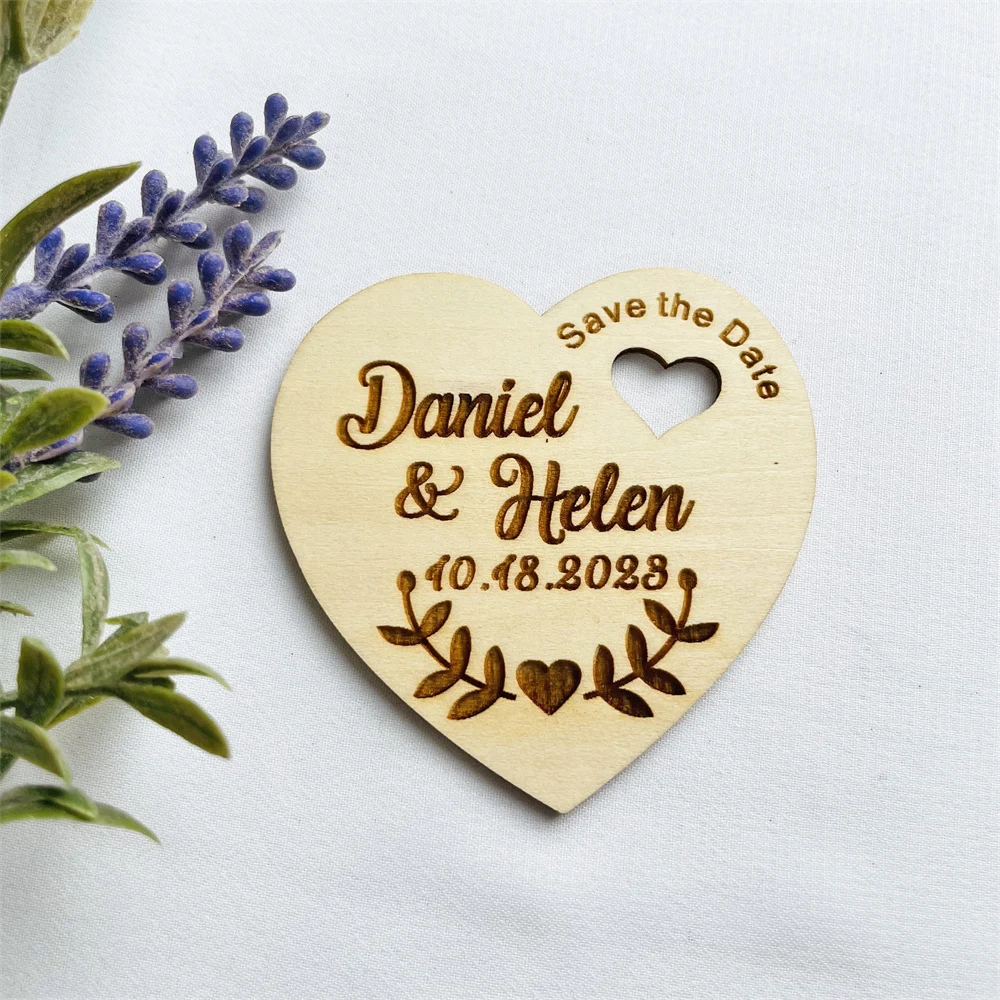 Personalized Name Wedding Heart Save The Date Magnets Wooden Custom Bride Groom Tag Rustic Place Card Party Favors Guest Gifts