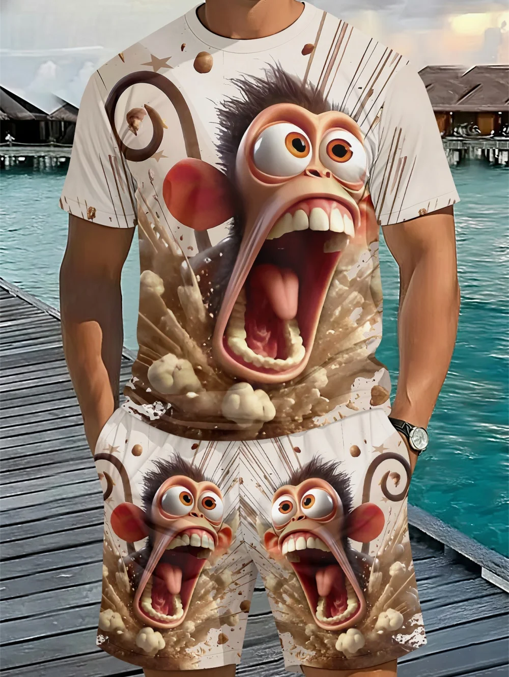 Nuevo Conjunto Casual para Hombre con Estampado 3D Divertido de Mono, Camiseta de Manga Corta y Pantalones Cortos, Traje Holgado de Verano, Estilo Y2K