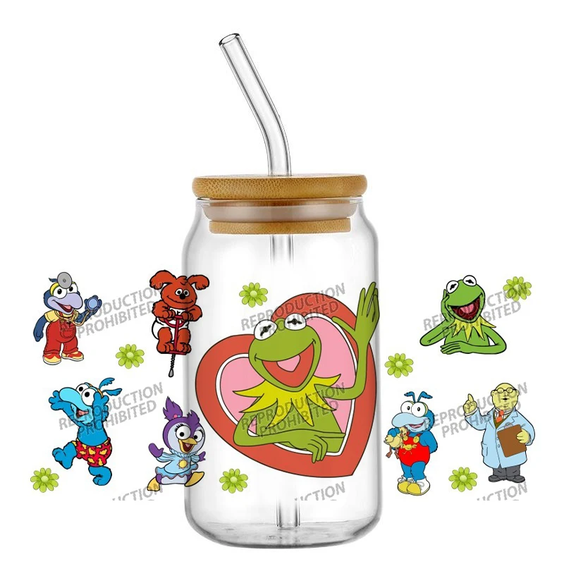 Nuovo design The Muppets Decalcomanie impermeabili Trasferimenti 3D Adesivi UV DTF Occhiali da 16 once Tazza Avvolge Tazza Regali fai da te Adesivo tartaruga carino
