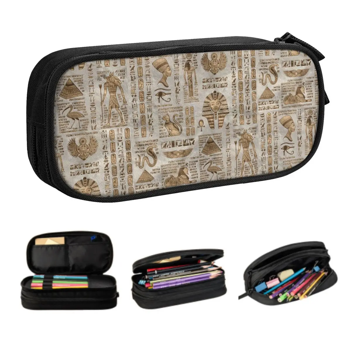 Custom Egyptian Hieroglyphs And Deities Korean Pencil Case Big Capacity Ancient Egypt Symbol Pencil Pouch Students Stationery