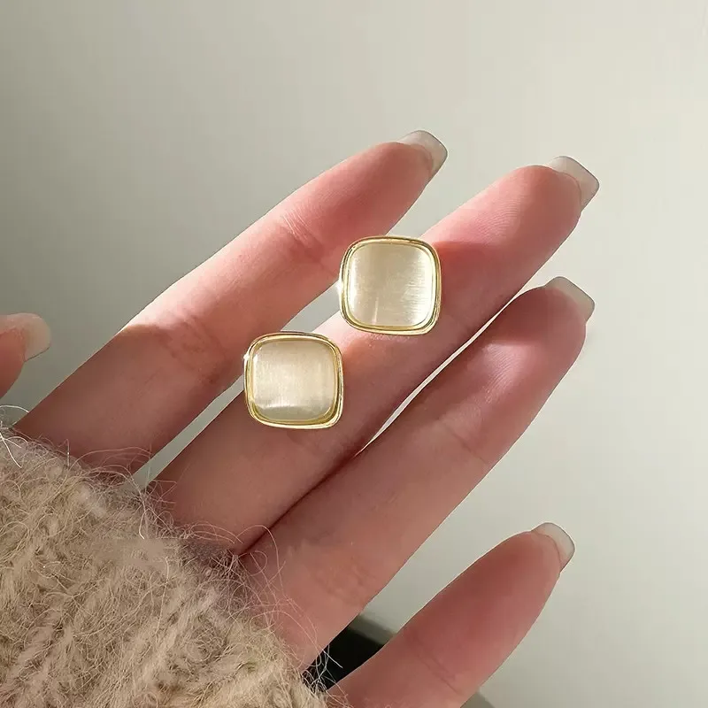 Women's Opal Earrings 2024 Trendy Golden Color Square Small Stud Earrings Lovely Geometry Jewelry Ear Accessories bijoux femmes