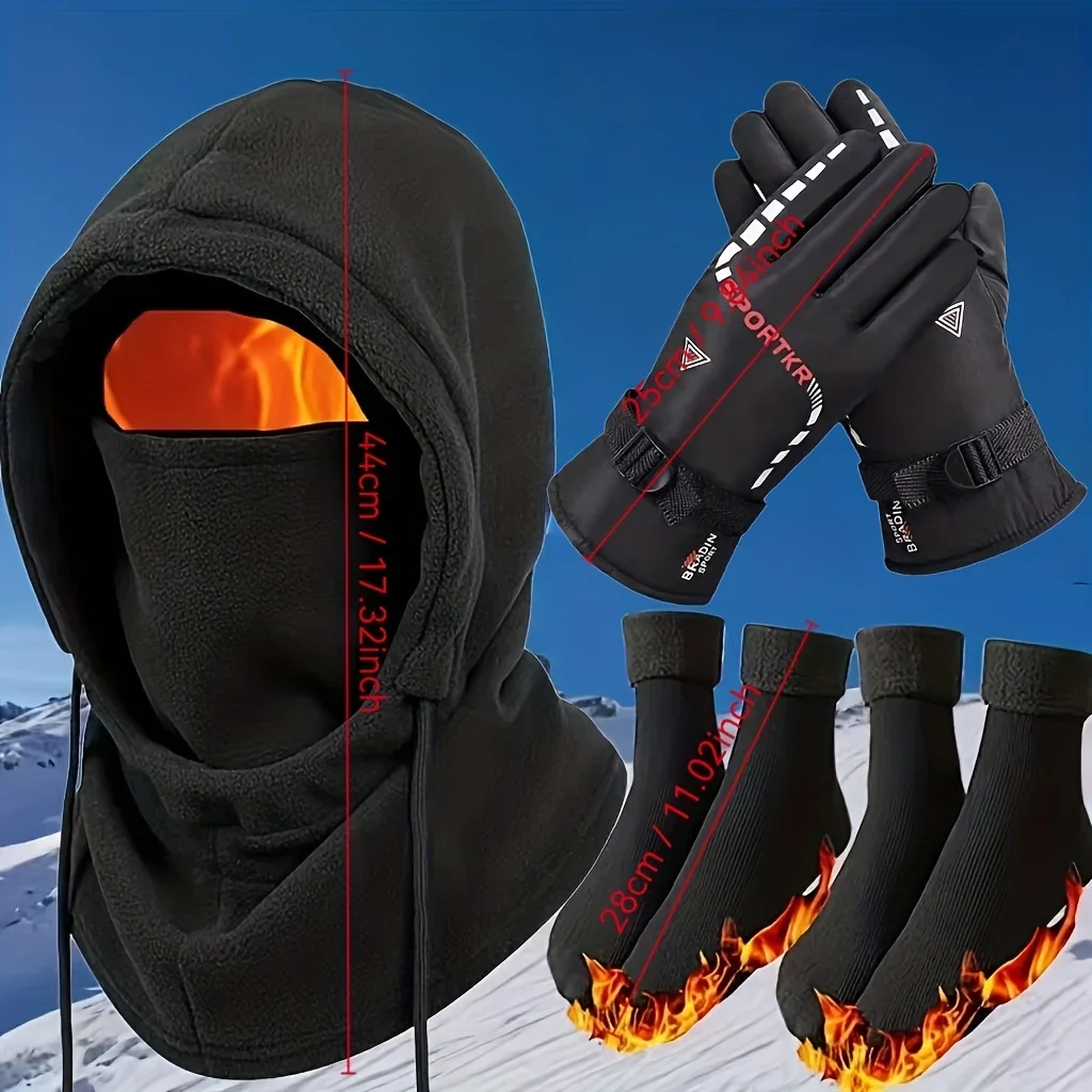 3/4-piece Autumn/winter Thermal Set: Integrated Windproof Balaclava, Thickened Plush Gloves, Plush Snow Socks