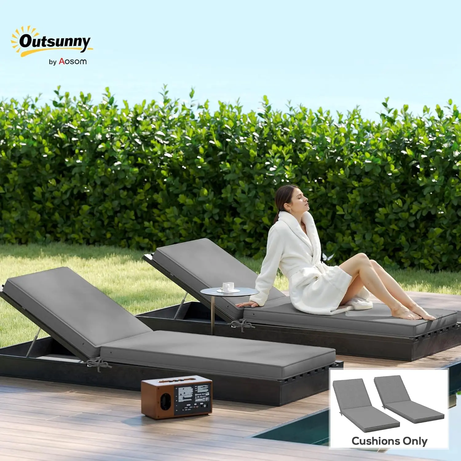 Outdoor Chaise Lounge Cushions, Fade Resistant Fabric, Gray Color, Removable Cover for Pool, Beach, Deck, Lawn
