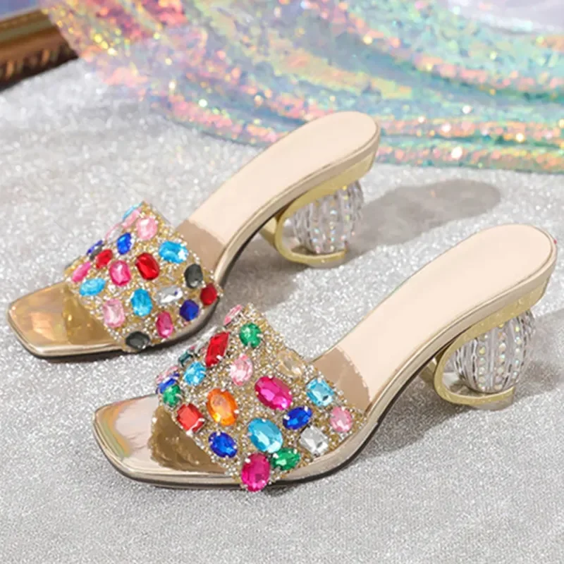 Luxury Slippers for Women Colorful Gemstone Decoration Crystal Fretwork Heels Sexy Summer Sequined Diamonds Strap Slides Sandals