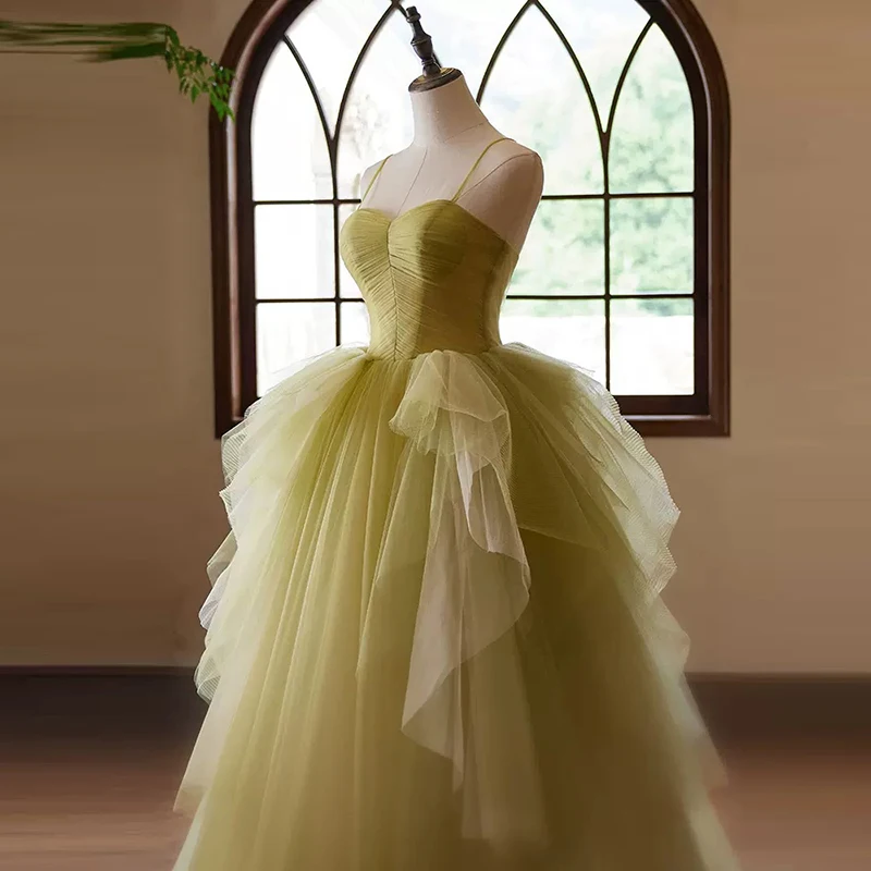 AnXin SH princesa encaje verde correa de espagueti sin mangas volantes vestido de baile con cordones fiesta larga novia vestido de noche personalizado