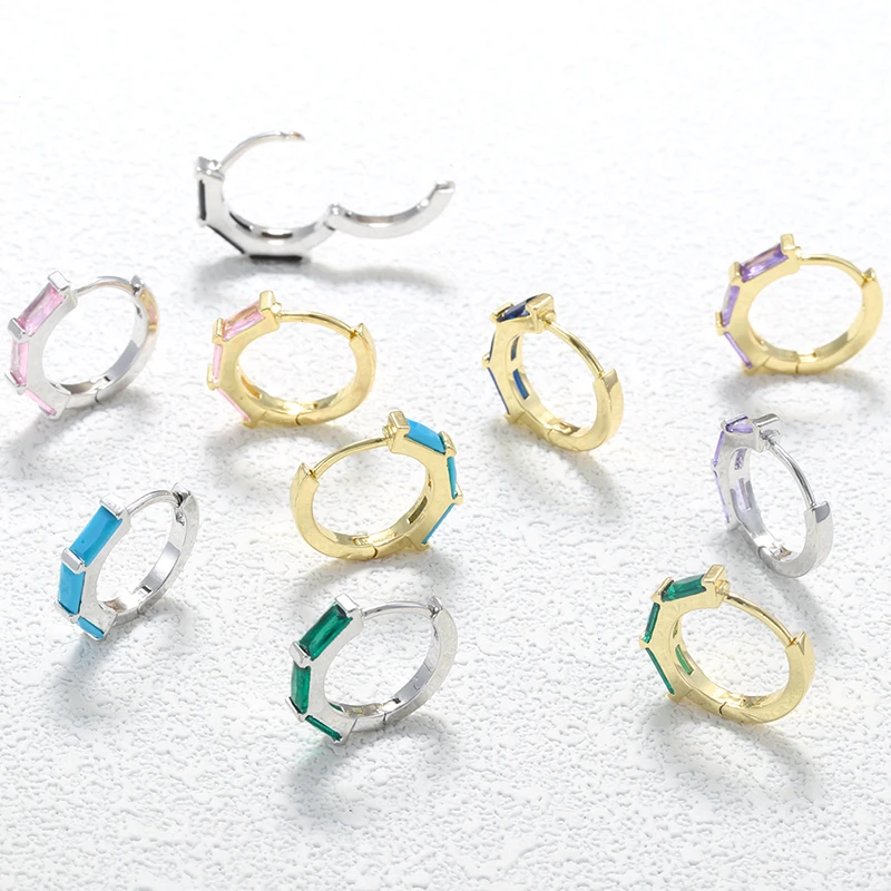 18K Gold-Plated Brass Diamond-Shaped Hoops Set with Rectangular Clear Zirconia Unisex Couple's Earrings: VE1835