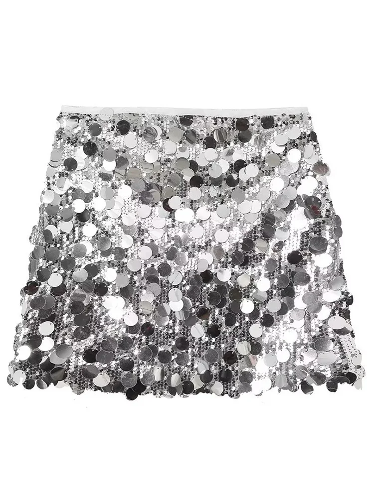 Women Fashion With Sequined Solid Side Zipper Mini Skirt Vintage High Waist Female Chic Lady Skirts