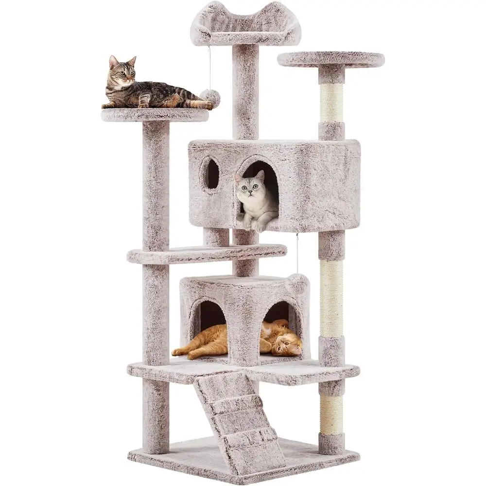 

54-Inch Cat Tower with Double Condo, Sisal Scratching Posts, and Hanging Balls, Play House for Kittens