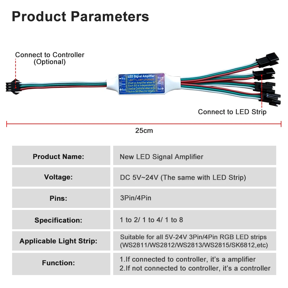 3Pin Dual-Function New LED Signal Amplifier Controller For WS2812 WS2811 WS2813 WS2815 Addressable LED Strip Light 1 To 2/4/8