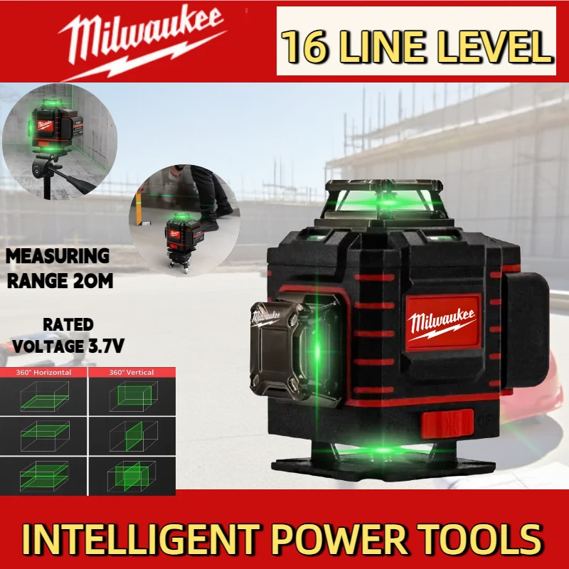 Milwaukee 16 Linien, 4 Seiten x 360 Grad, vertikal, 4,2 V, 3–4D-Laser, grüner Strahl, selbstnivellierendes vertikales Kreuzlinienlaser