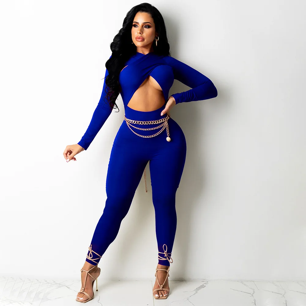 

Sexy Women's Cross Strap Hollow out Jumpsuit Elegant Party High Waisted Jumpsuit Stretchy Bodysuits Long Sleeve Rompers