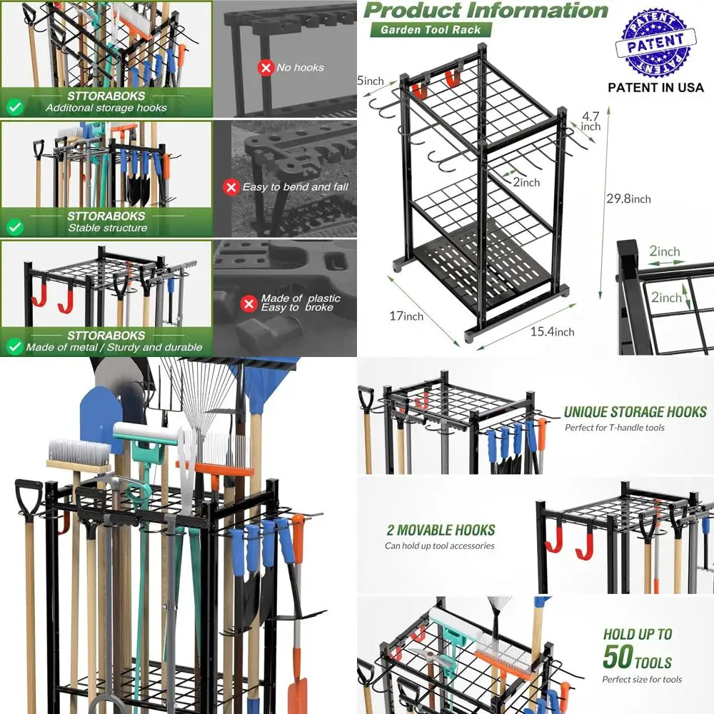 

Heavy-Duty Steel Garden Tool Rack, Holds Up to 50 Tools, 11 Hooks, Broom Holder, Outdoor/Garage Storage, Black