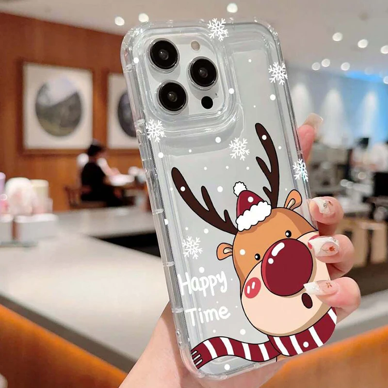 Santa Claus Elk Snowman Christmas Clear Phone Case for OPPO Reno 7Z 8T 5 6 6Z 7 8 8T 10 Pro Plus F9 F11 4G 5G Airbag Cover