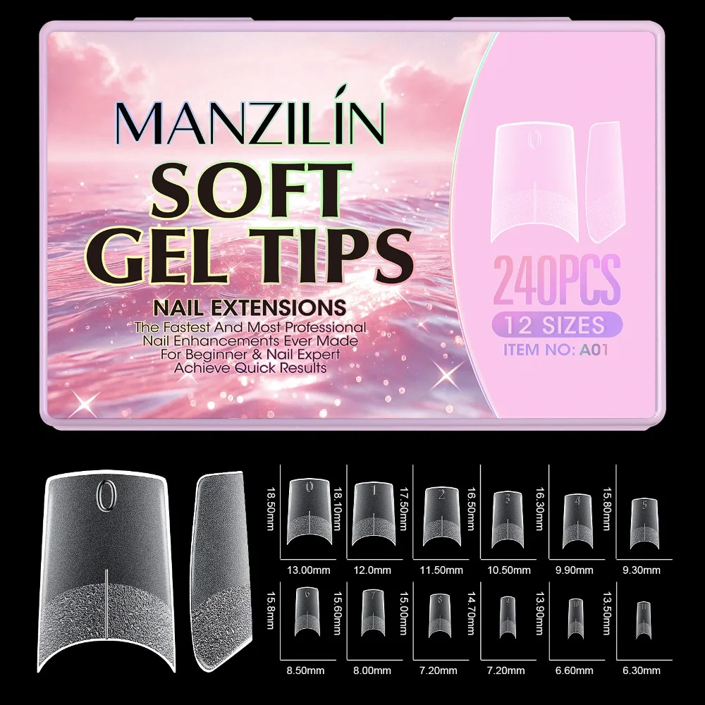 240Pcs Short Almond Soft Gel X Nail Tips Full Cover with Guide Lines Fake Nails 12 Sizes Coffin French Nail Nail Art Mold