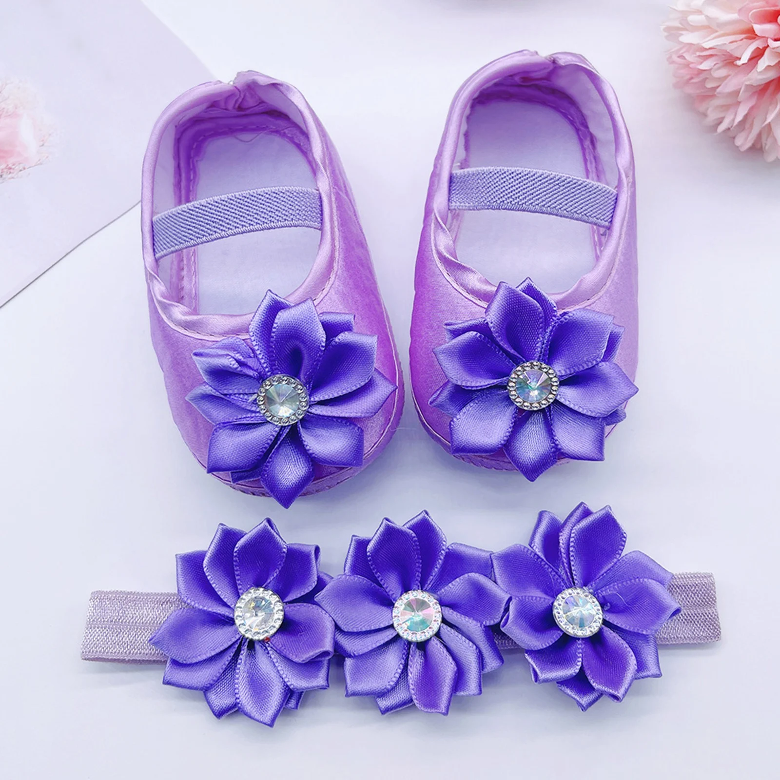 

Модные детские туфли для девочек с цветочным узором, нескользящие, для первых шагов, с цветочной повязкой на голову