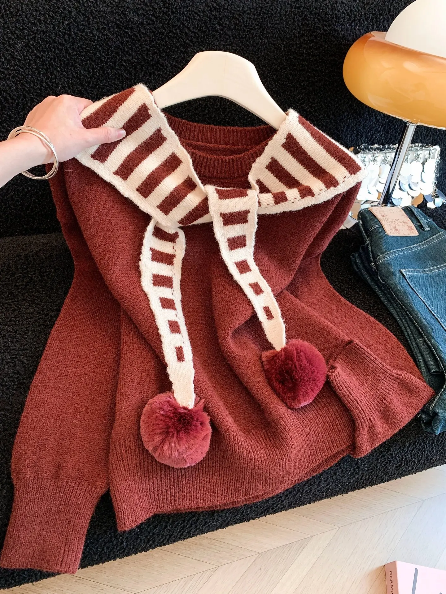 

Красный свитер из Анголы для женщин, зимняя нижняя одежда, новогодняя одежда 2026, новогодний комплект одежды ручной работы, красный комплект, мягкий стиль