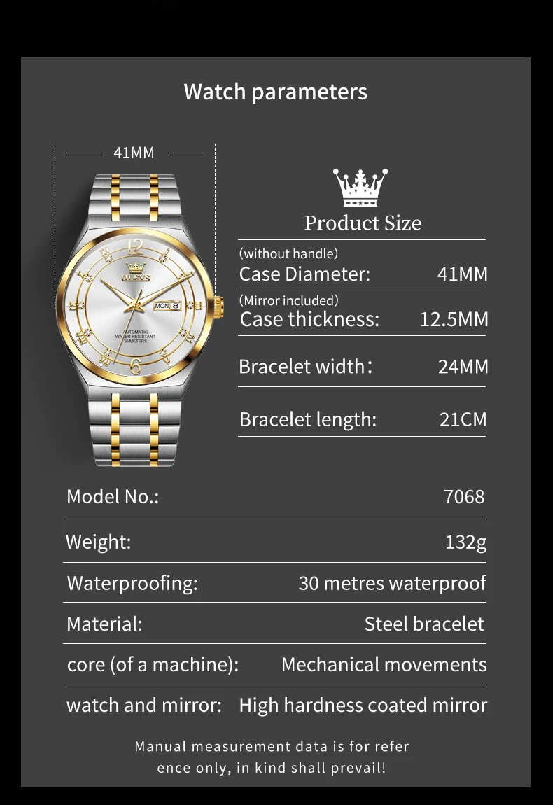 OLEVS 7068 Mechanical Watch for Men 30M Waterproof Luminous High Quality Stainless steel Luxury Men's Automatic Watch