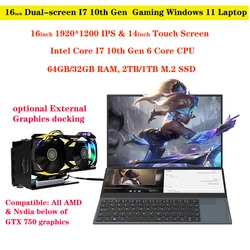 MOLOSUPER Dual Screen Laptop 16 Inch 14 Inch Touch Screen Core I7 10750H Portable Gaming Notebook Computer PC 32GB 64GB RAM SSD