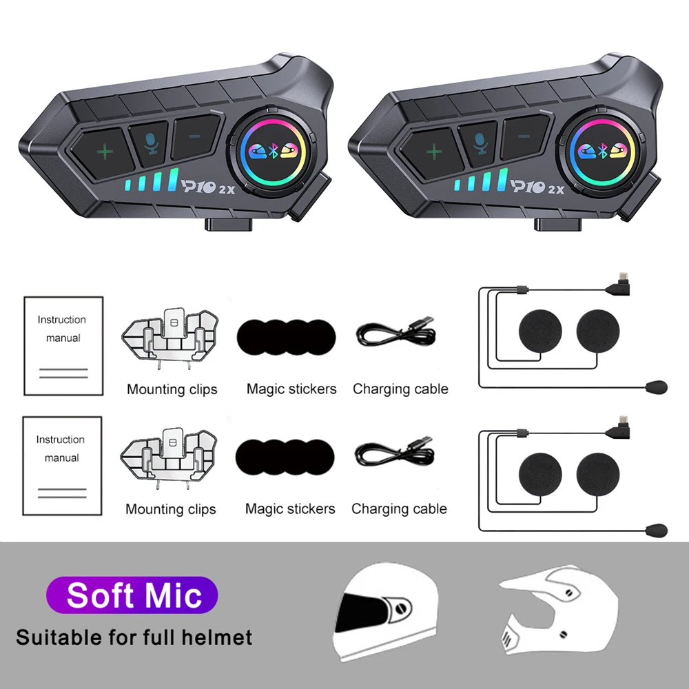 KEBIDUMEI 1/2x Motorfiets Intercom Headset Helm BT 5.3 Voor 2 Rijders intercommunicator 300 M Waterdichte Muziek delen Interphone