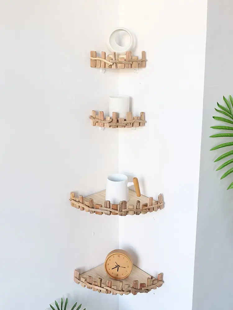Creative Solid Wood Fan Baffle Corner Rack Living Room Triangular Wall Hanging Kitchen Corner Storage Rack Household