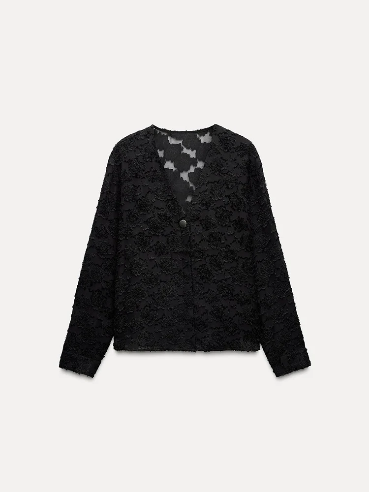 

Spring New Arrival Women's Pure Color irt Hollow out Gold Buttons V-Ne Long Sve Quali Commute Sle Regular Length