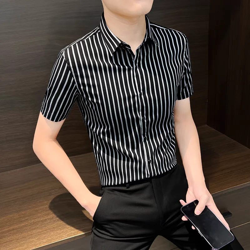 Camisas Shirt Men High Quality Luxury Clothing Summer Short Sleeve Striped Shirts for Men Slim Blouse Business Casual Shirt New