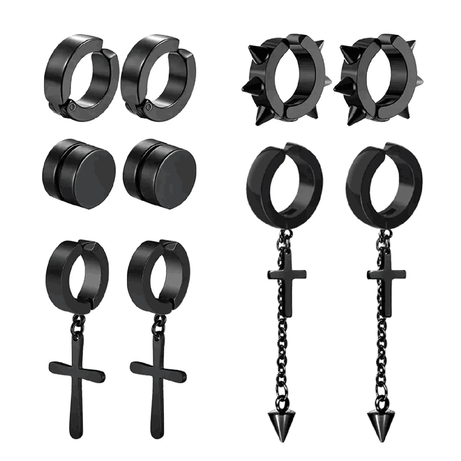 5 pairs of fashionable men's punk cross pendants stainless steel earless magnet earrings set