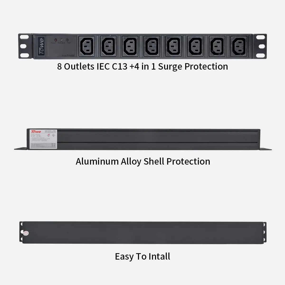 TOWE 8 Outlet PDU Power Strip Surge Protector 10A C13 Metal Rack Mount US Plug with Switch for Server Data Center