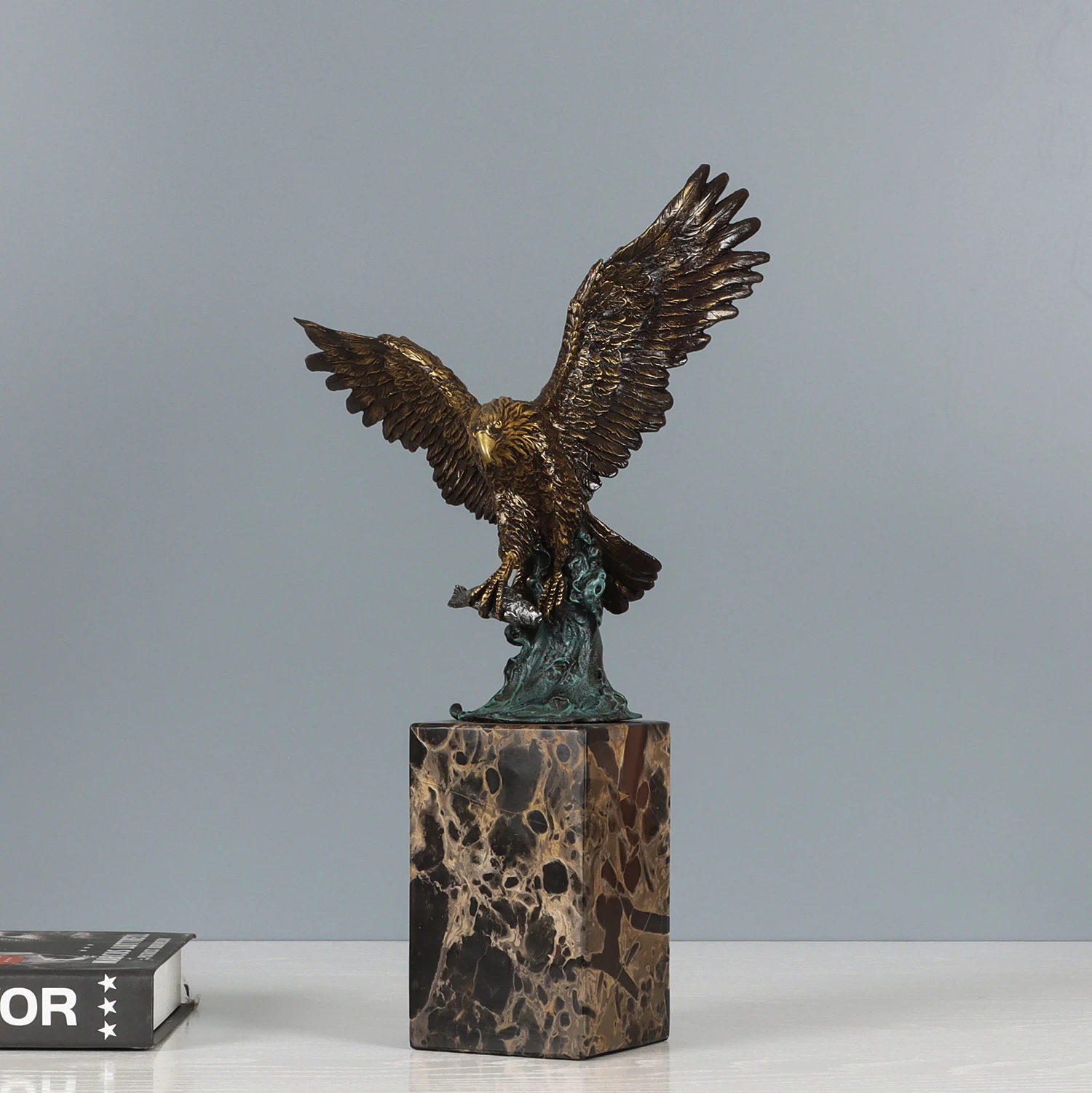 35CM High Bronze Bald Eagle Hunting Fish Statue Sculpture Hot Falcon Art Upscale Office Home Decoration view 2