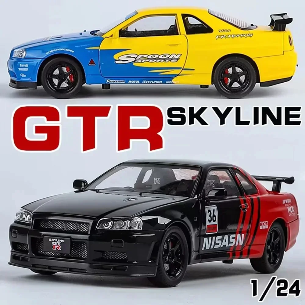SKYLINE GTR R34 1:24, modelos de coches de juguete, aleación fundida, coche deportivo, sonido, luz, puertas extraíbles, adornos de vehículos abiertos para regalos de niños