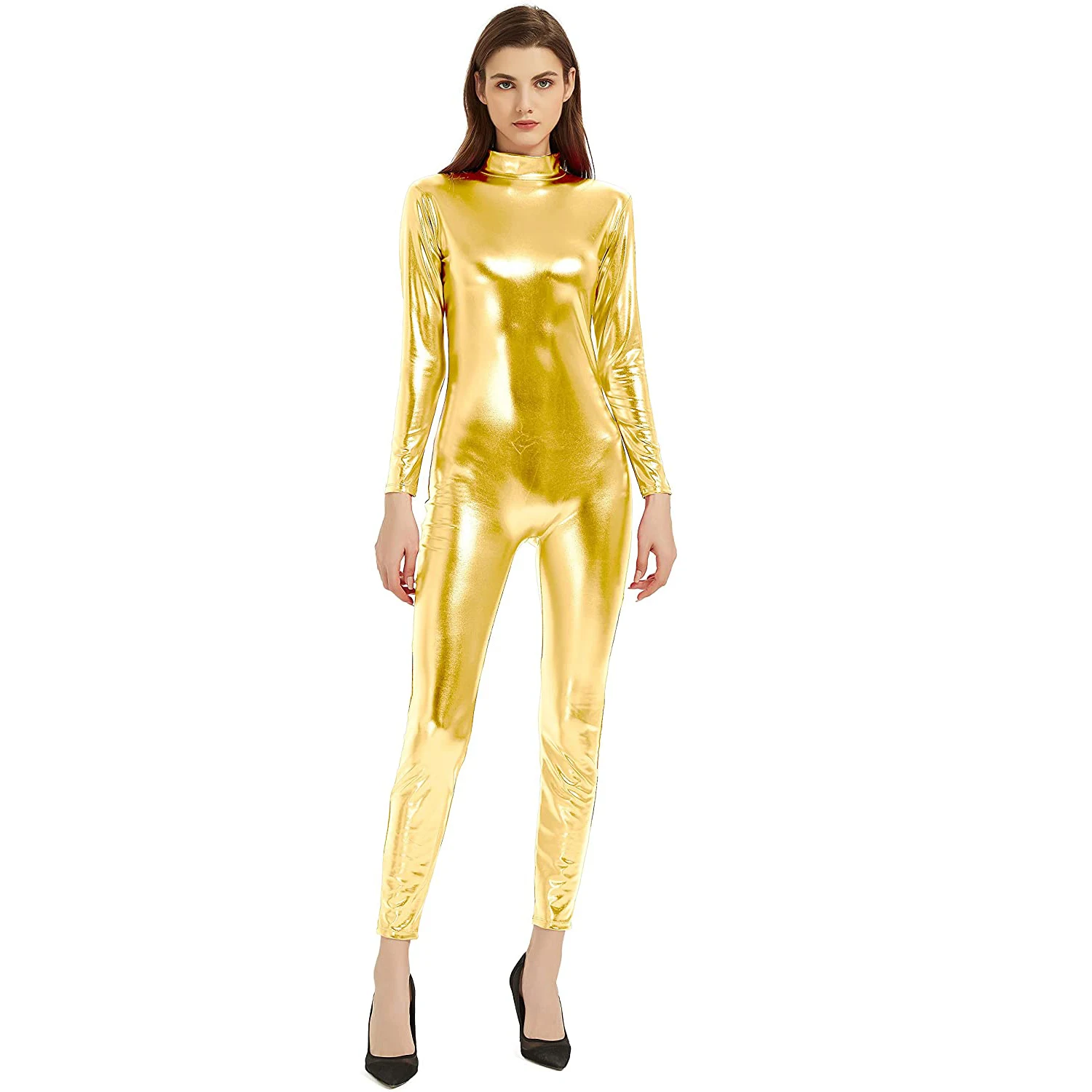 Speerise Women Shiny Metallic Unitard Long Sleeve Catsuit Mock Neck Bodysuit Stretch Zipper Back Stage Performance Costumes