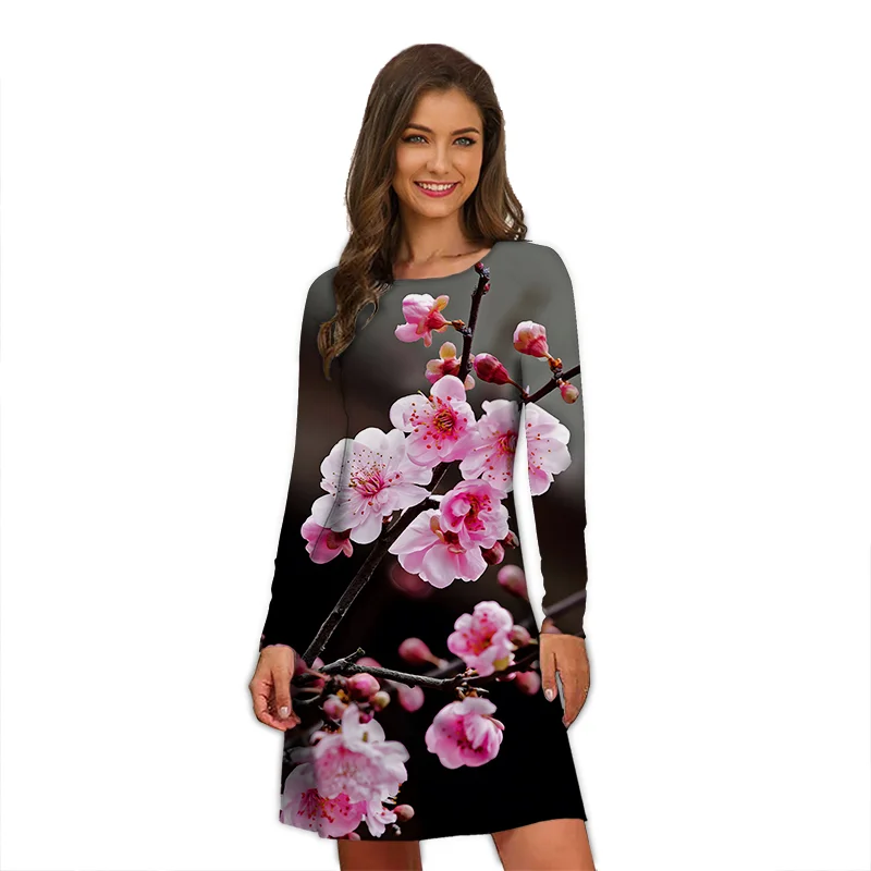 Robe de printemps pour femmes, imprimé Floral, manches longues, décontracté, col rond, vêtements amples, Mini, surdimensionnée, automne, 2023