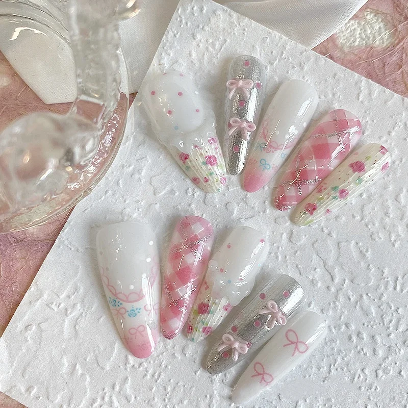 

10Pcs Lace French Long Almond Fake Nails Full Cover Polka Dot Wearable False Nails Pink Smudge 3D Bow Flower Press on Nails Tips