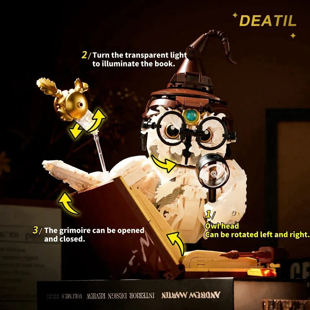 Kit de blocs de construction lumineux avec multi-scènes, 1162 pièces, cadeau créatif pour enfants et adultes, modèle de hibou magique