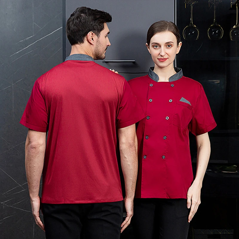 Men's Kitchen Uniform Restaurant Cooking Workwear Red Chef's Clothes Food Service Coffee Shop Bakery Cook Waiter Work Shirt