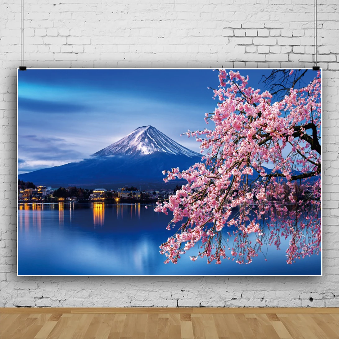 Fuji Mountain Cherry Blossom Photography Background Painting Real Photo Watercolor Painting Crane Sun Mountain Factory Store