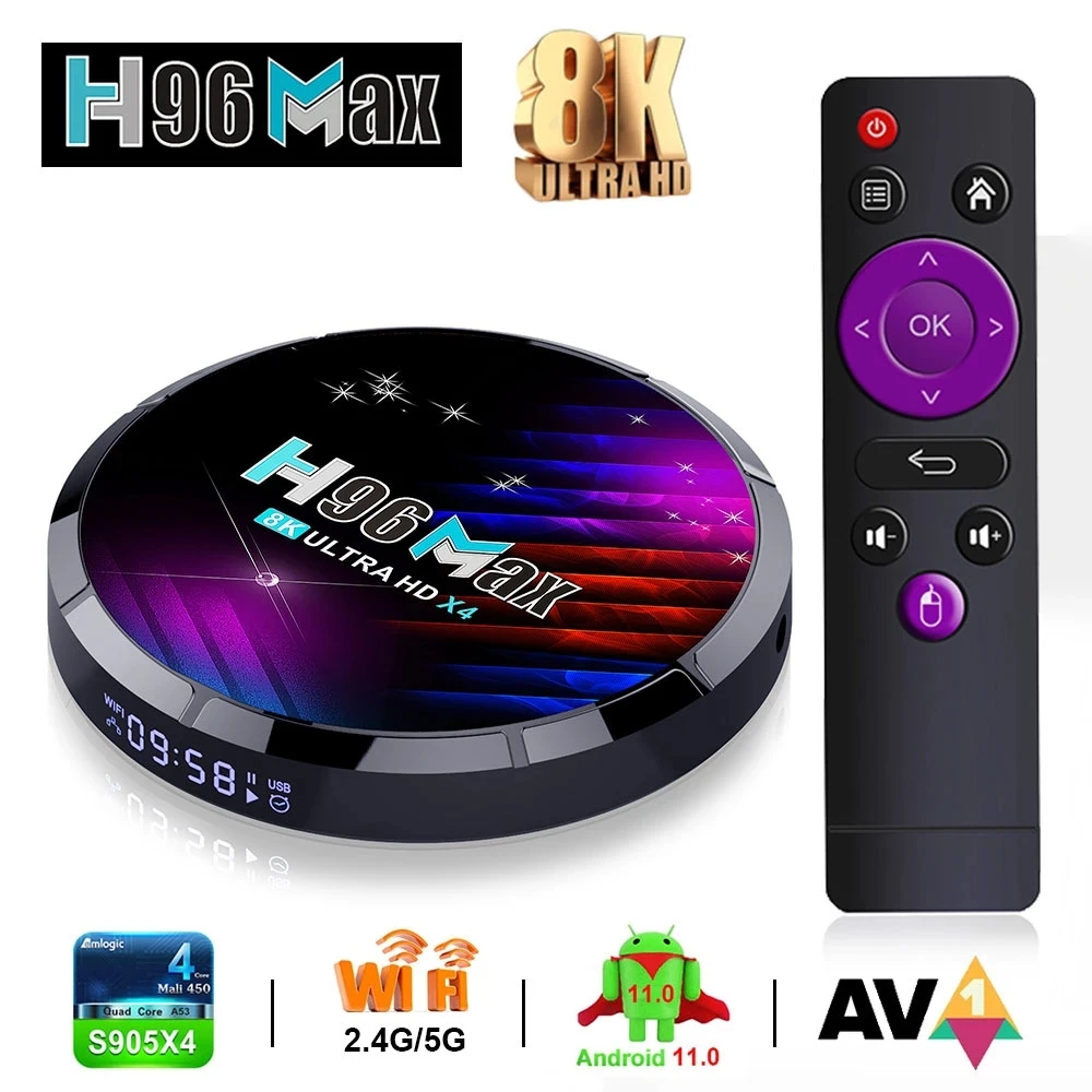 Boîtier Smart TV H96 Max Tage Amlogic S905tage, Android 11.0, 4 Go 64 Go, AV1, HDR, 60fps, Wifi 2.4 et 5G, BT 4.0, lecteur multimédia, décodeur