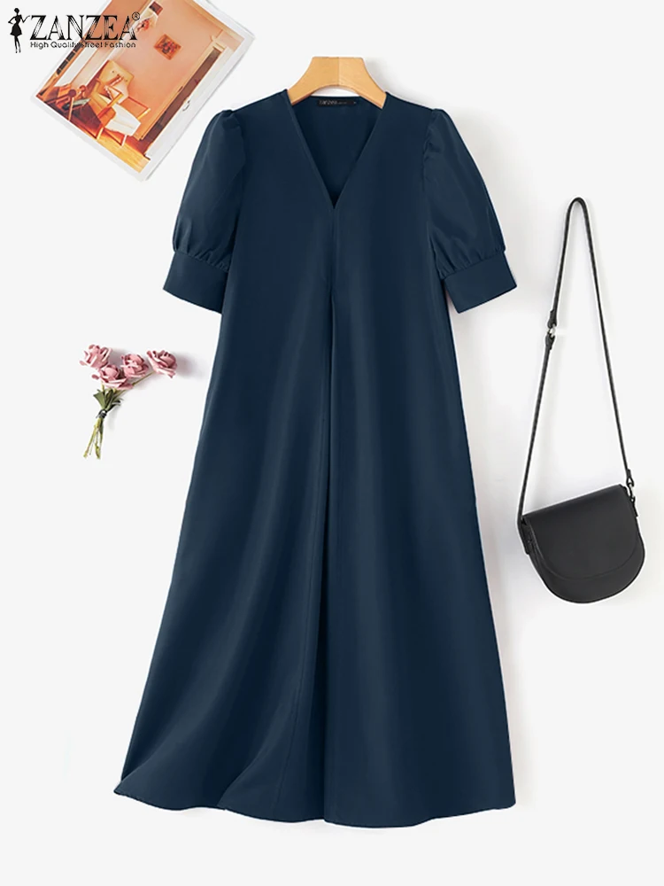 ZANZEA Moda Donna A-line Abiti longuette Vintage Manica corta a sbuffo Piega invertita Robes Femme Allentato Elegante scollo a V Abiti