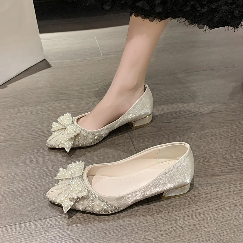 

Shoes for Women Luxury Pumps Spring Party Pearl Bowknot Square Casual High Heels Shoes Rhinestone Dress Shoes
