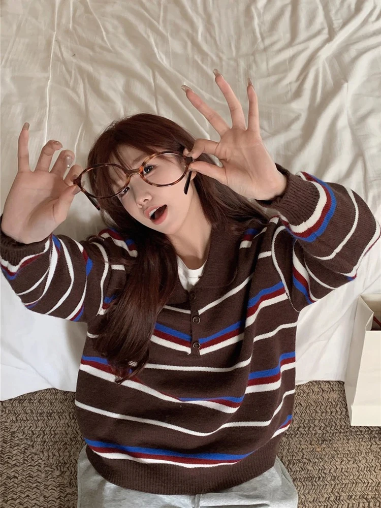 

Retro Striped Ne Knitwear Women's Loose Long Sve Sweater Autumn Winter New Sle High Sensation Trendy Knitted Top