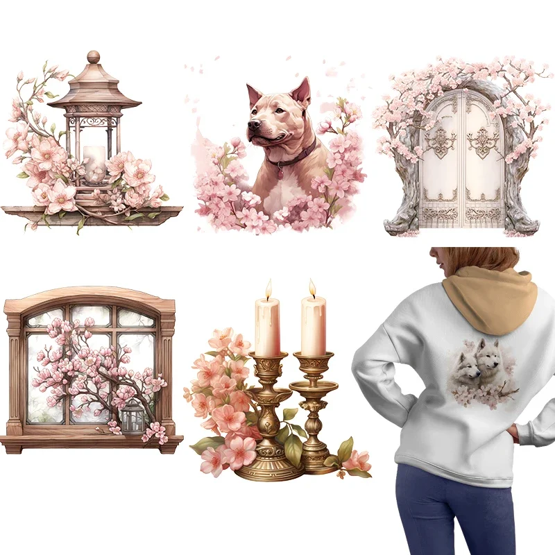 Watercolor Beautiful Cherry Blossom Iron on Patches for DIY Heat Transfer Clothes Thermal Transfer Stickers Decoration Printing