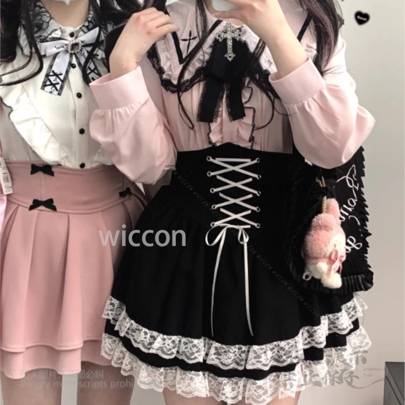 Japanese Style Y2K Jirai Kei Gothic Lolita Skirts A-Line Mini Skirts Dress Lace Ruffles High Waist Bandage Kawaii Halloween