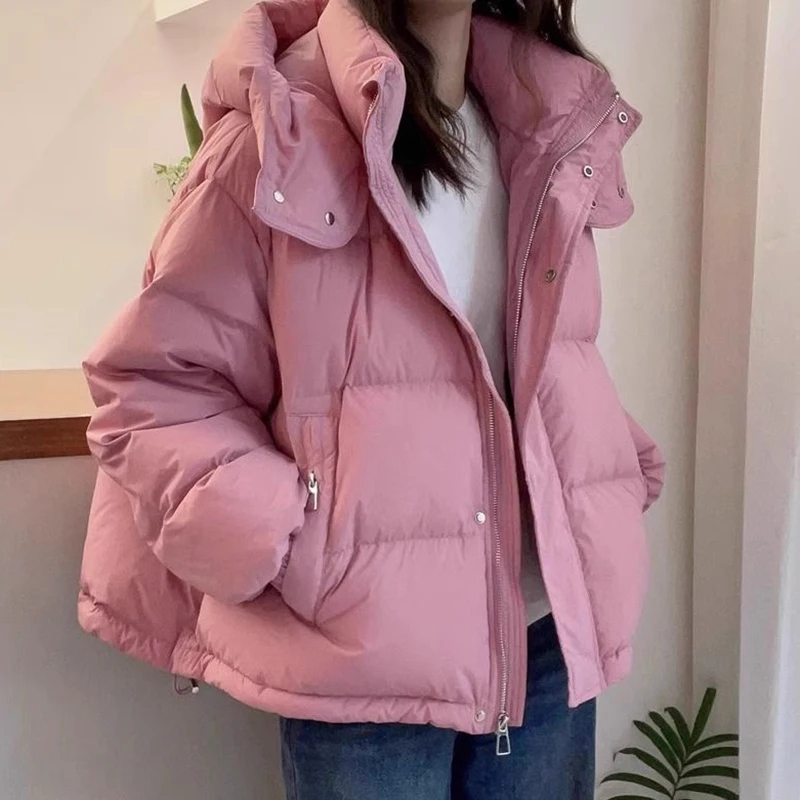 

Pink Hooded Down Cotton Jackets for Women Korean Stand Colar Thicken Warm Parka Jacket Woman Zip Up Long Sleeve Winter Overcoat
