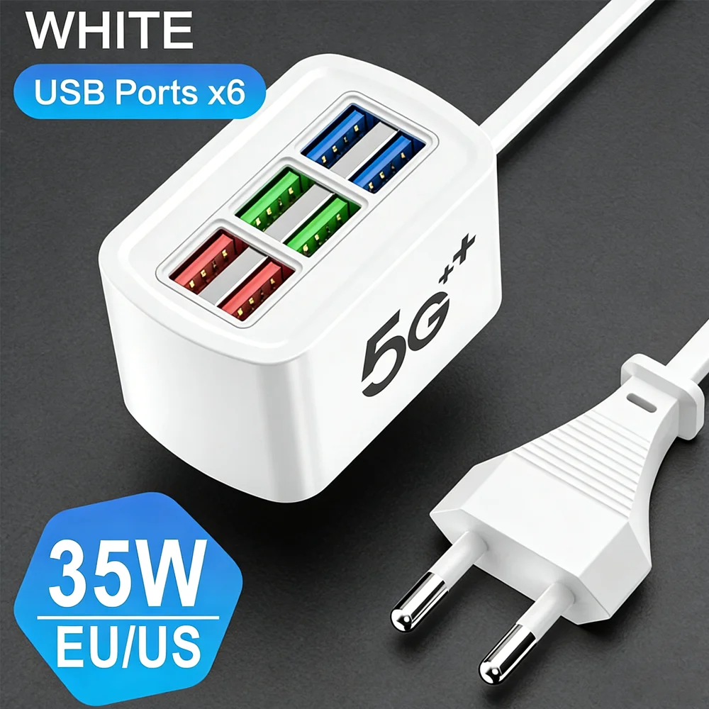 Carregador USB de 35W com 6 portas, carregamento rápido para iPhone, Huawei, Xiaomi, OPPO, adaptador de energia com plugue EU/US, carregador de parede rápido para viagens.