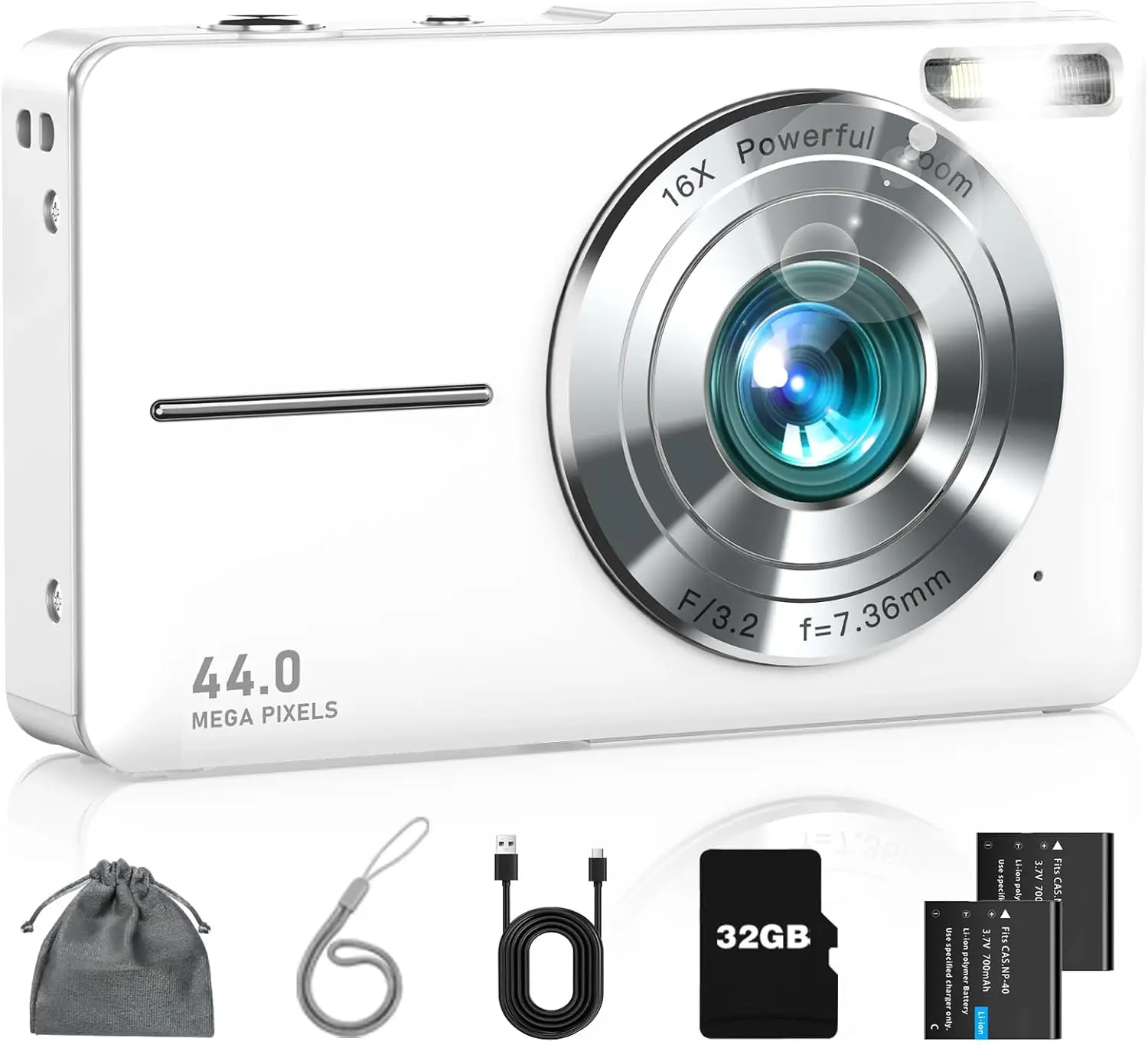 

Kids Digital Camera FHD 1080P with 16X Zoom Anti-Shake, Compact for Children Teen Students in Pearl White