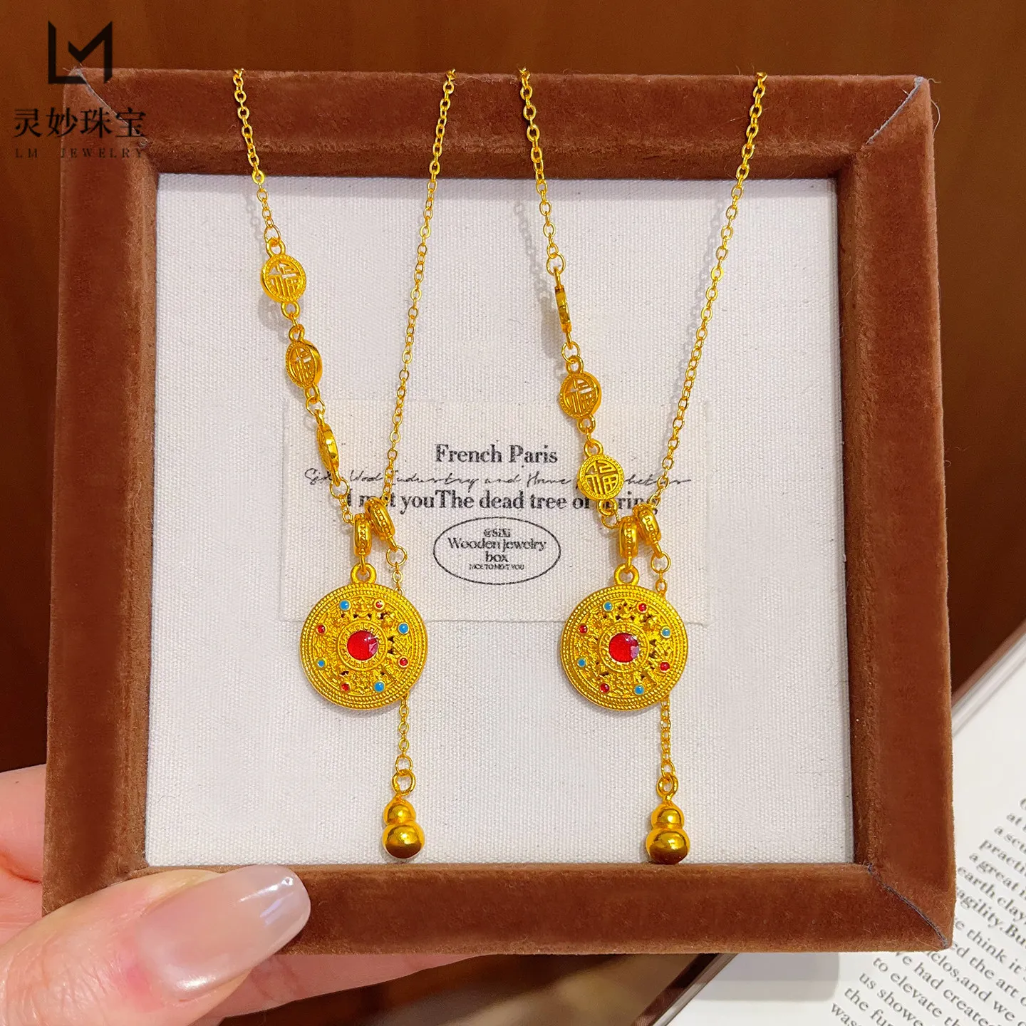 Dignified Enamel Eight Treasures Compass Tassel Gourd Necklace Women 24K Gold AU999 Good Luck For Gift & Daily